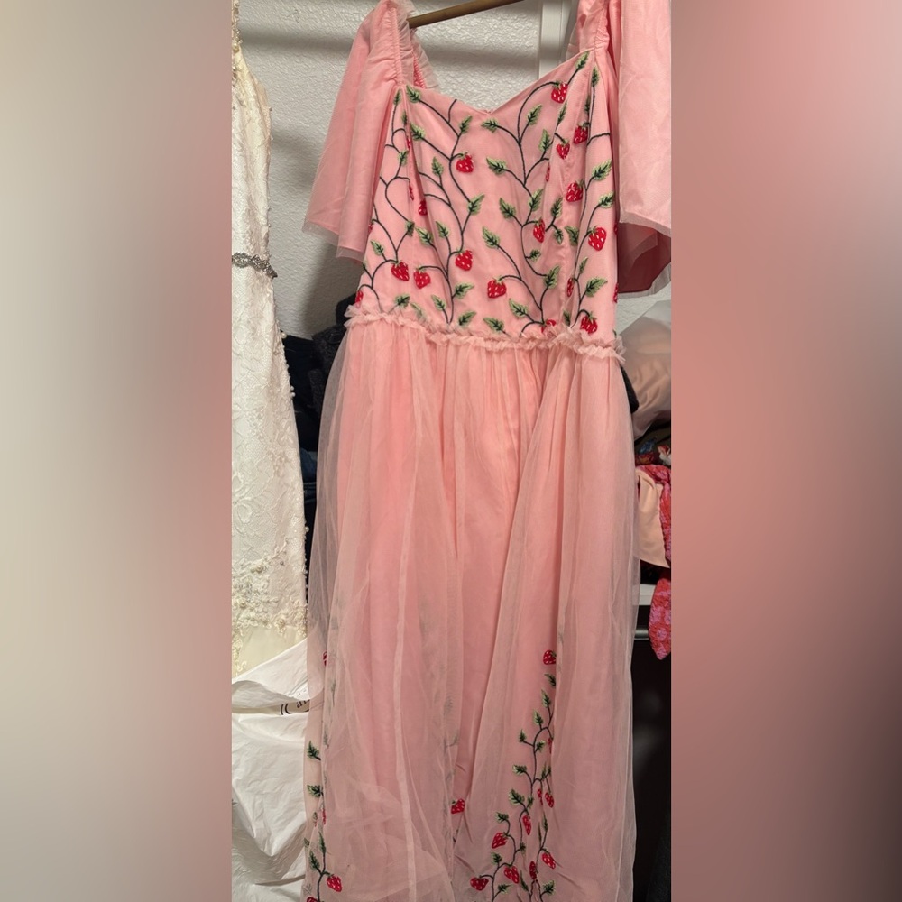 Pink Dress with Strawberry Embroidery